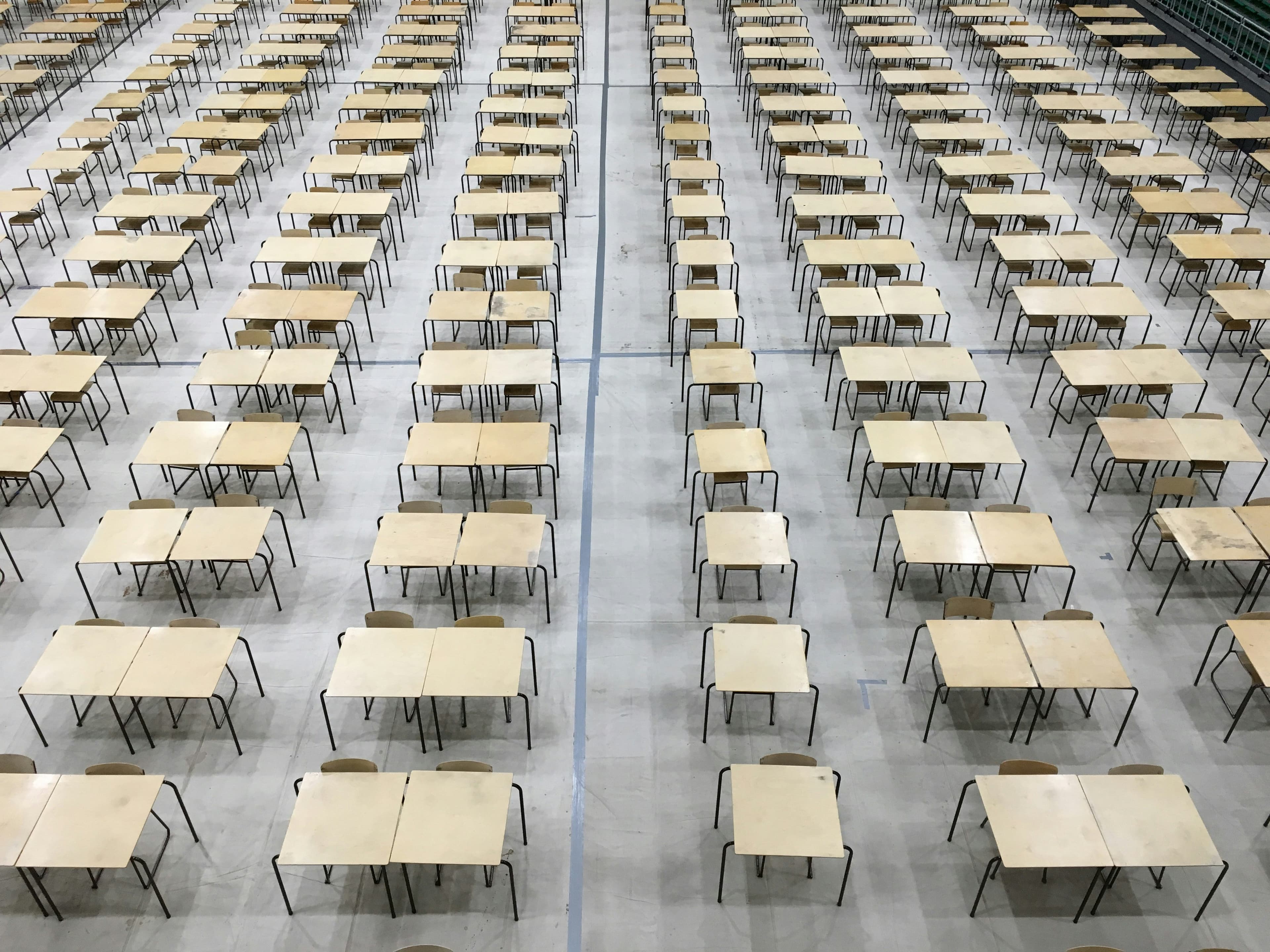Desks and chairs in an examination hall